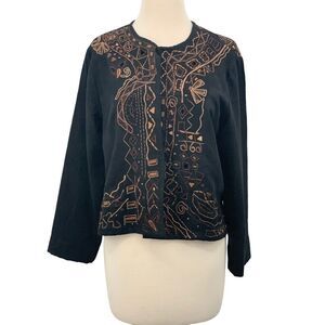 Chico's LS Open Front Lined Cardigan/Jacket Black Beaded Embroidered Geometric M